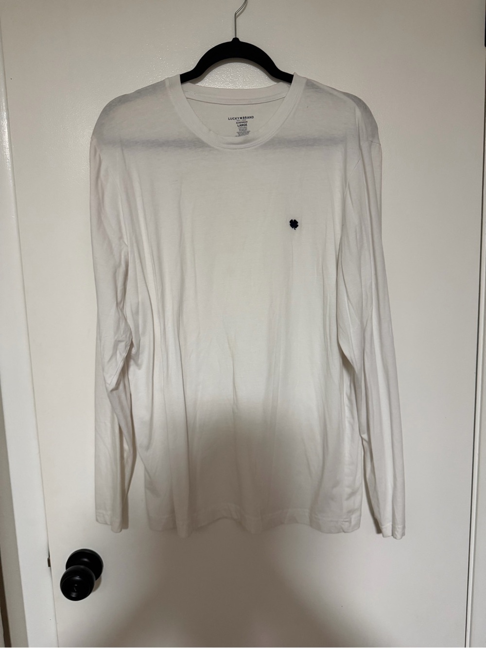 Lucky Brand Men’s Long Sleeve Crewneck Shirt in White with Navy Logo